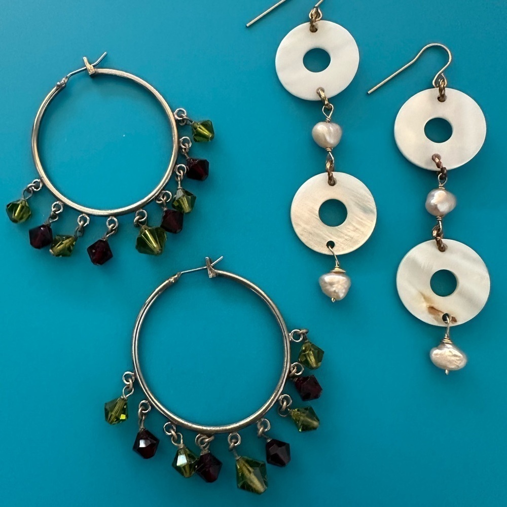 Multi Colored Crystal Hoops And Shell Dangling Earrings 2 Pairs Brand New
